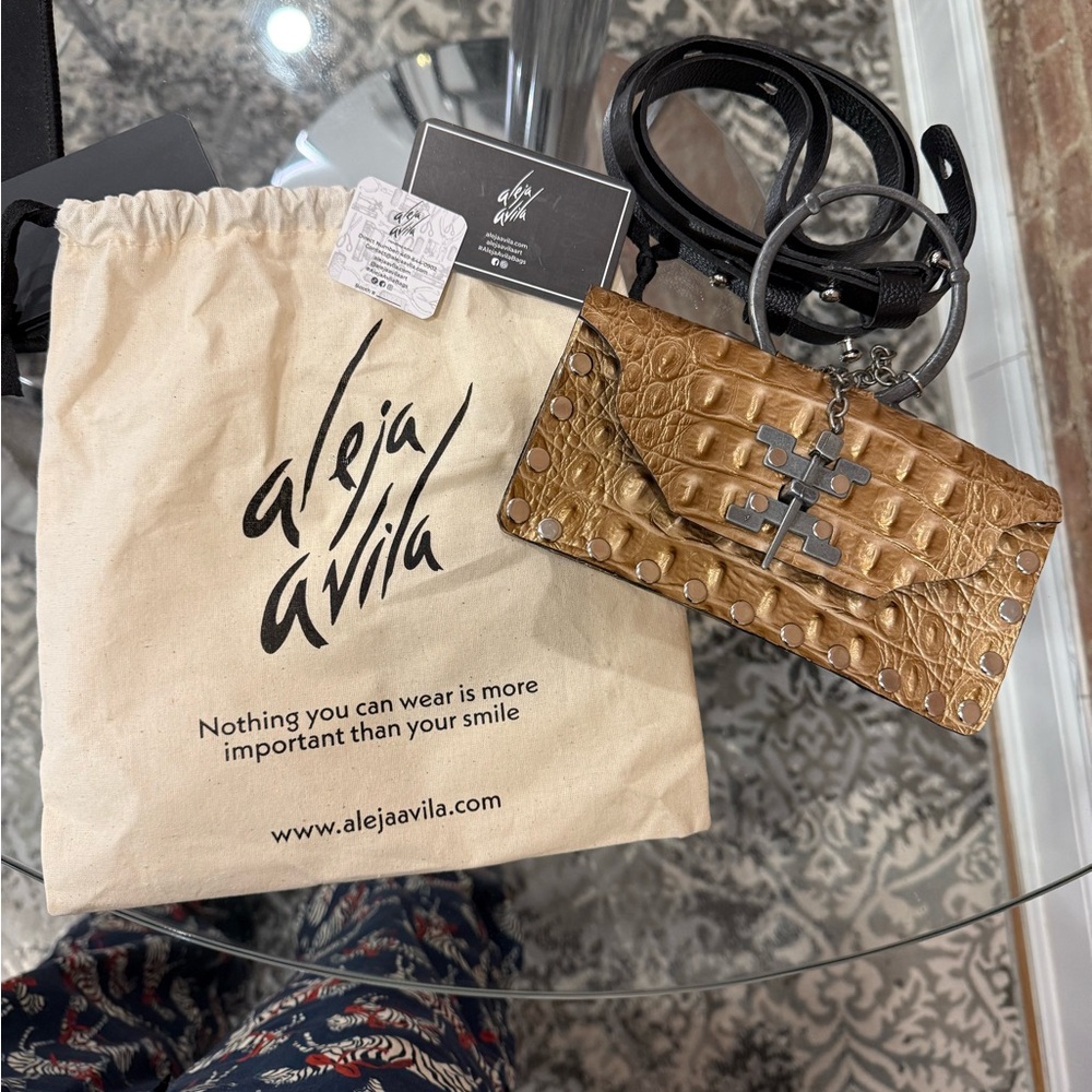 ALEJA AVILA Erika Bag – Gold Crocodile Leather Clutch/Handbag
